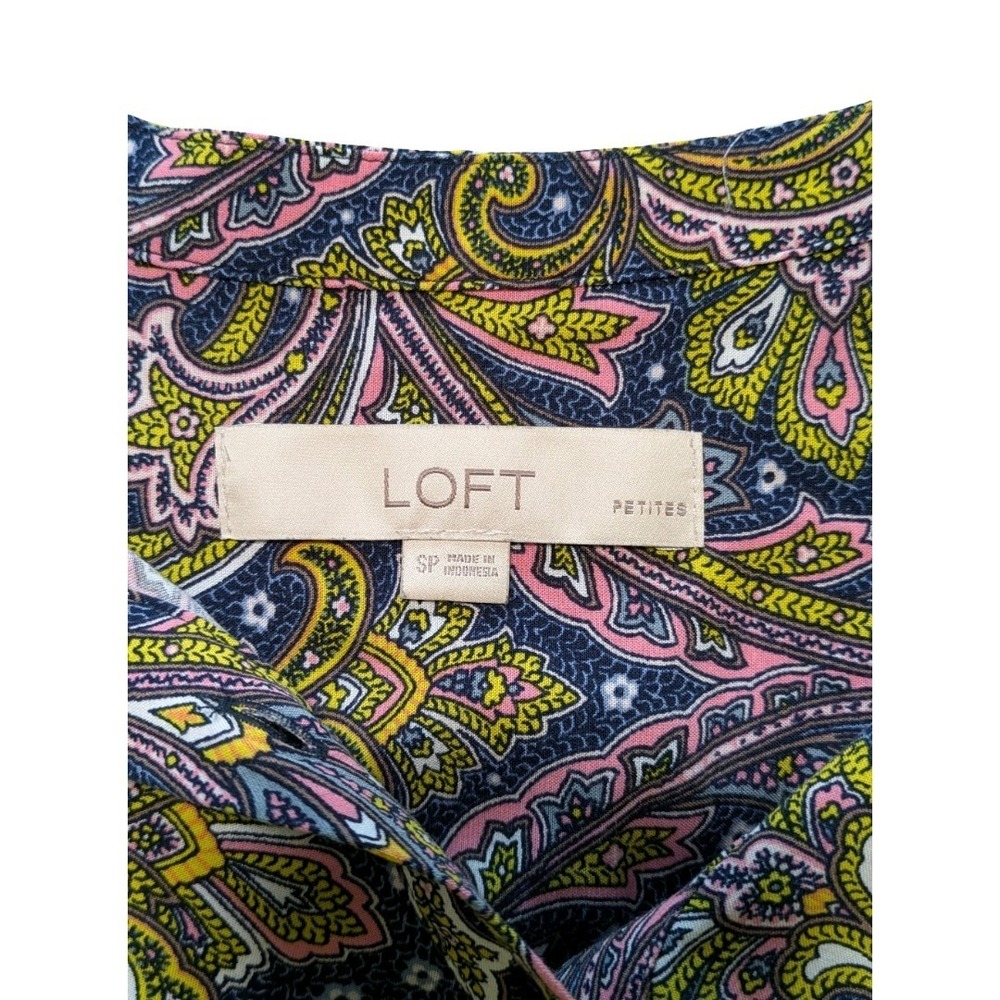 LOFT paisley yellow and blue button-down blouse Size SP Petite Long Sleeve - Picture 7 of 9